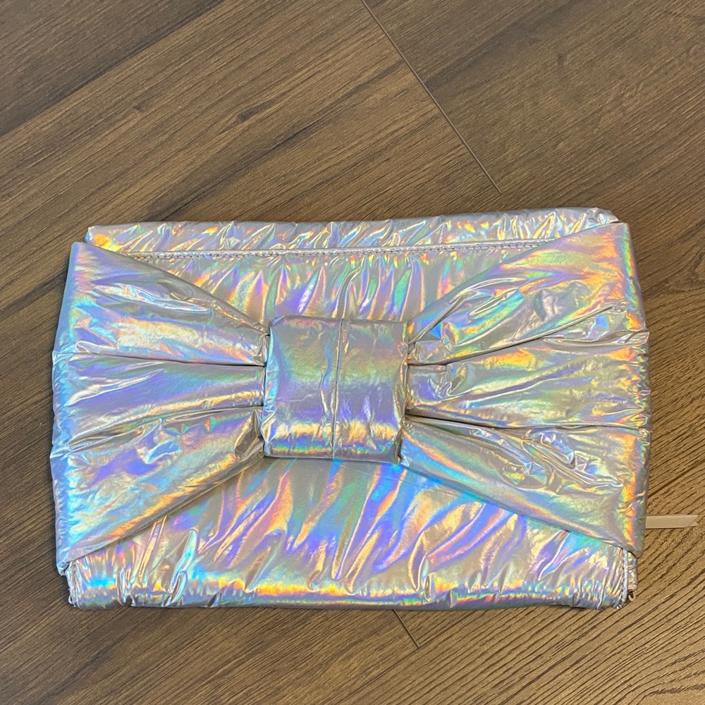 Stella and Dot Silver Iridescent Holographic Bow Envelope Clutch Purse Handbag
